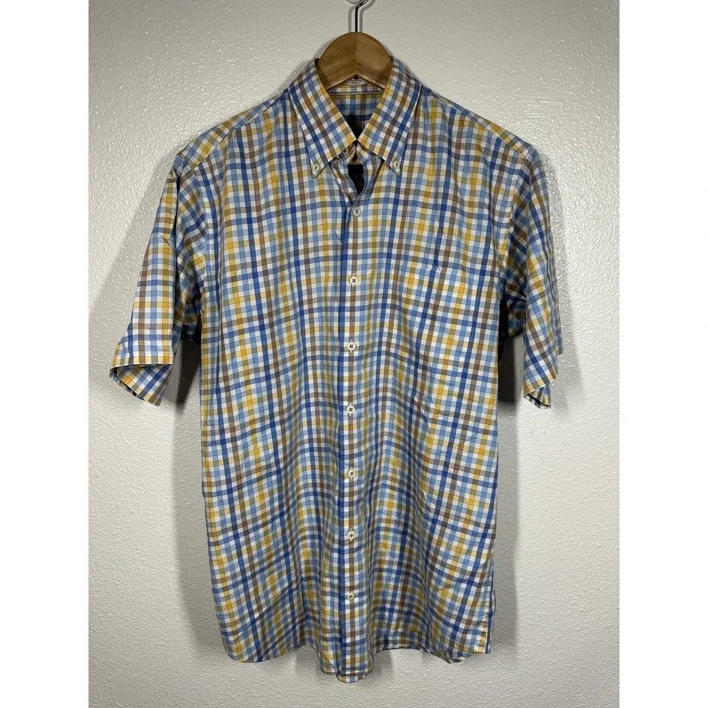 Peter Millar Shirt Mens Medium Blue Yellow Plaid Check Button Down Short‎ Sleeve